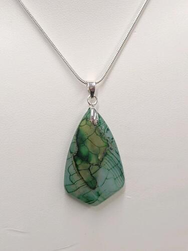 24.30ct Green Dragon Vein Agate Inverted Triangle Necklace on .925 Chain