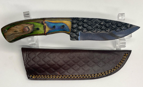 Straight Blade Damascus Knife With Multicolor Wooden Handle & LeatherSheath