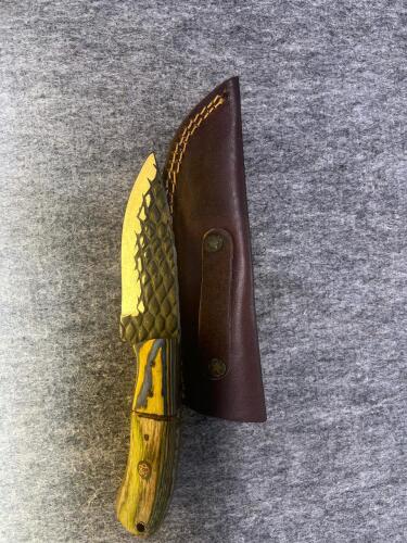 Straight Blade Damascus Knife With Multicolor Wooden Handle & LeatherSheath - 2