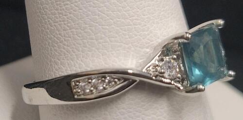 Aquamarine Faceted Square Cut Ring, Size 10, .925 Metal - 2