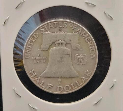 1957-D Franklin Half Dollar 90% Silver, Denver Mint, Liberty Bell Reverse, Circulated - 2