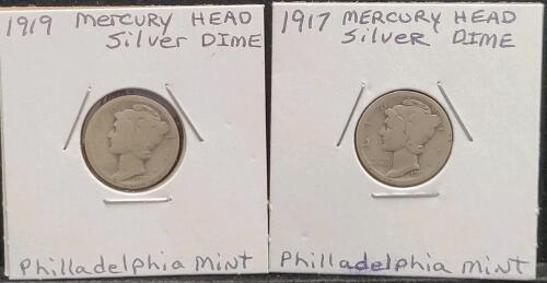 1917 & 1919 Mercury Head Silver Dimes, Philadelphia, 90% Silver, 10&cent; US Coins