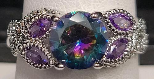 Mystic Rainbow Topaz Faceted Round Cut Gemstone Ring, Size 8