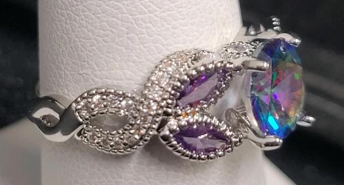 Mystic Rainbow Topaz Faceted Round Cut Gemstone Ring, Size 8 - 2
