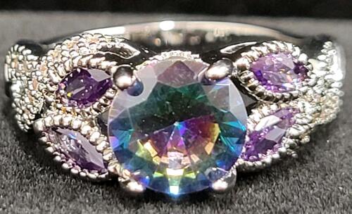 Mystic Rainbow Topaz Faceted Round Cut Gemstone Ring, Size 8 - 3