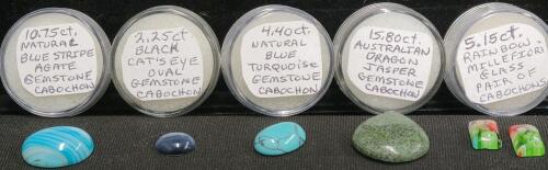 (5) Natural Gemstones in Gem Jars including: Cat's Eye, Turquoise, Rainbow Millefiori Glass, & More!
