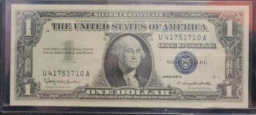 1957 B $1 Silver Certificate, Serial U41751710A, Circulated Condition