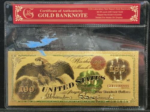 24K Gold-Plated 1863 $100 US Banknote Replica with Eagle Design & Certificate of Authenticity