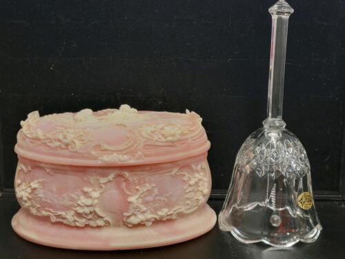 Incolay Stone Cameo Jewelry Box & Blarney's 24% Lead Crystal Bell, Ornate Vintage Pair