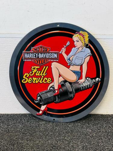 Harley-Davidson Embossed Tin Wall Sign, Round, Pin-Up Spark Plug Babe, 2017, Licensed