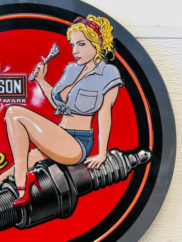Harley-Davidson Embossed Tin Wall Sign, Round, Pin-Up Spark Plug Babe, 2017, Licensed - 3