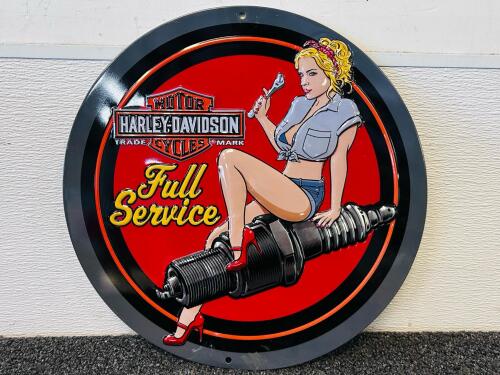 Harley-Davidson Embossed Tin Wall Sign, Round, Pin-Up Spark Plug Babe, 2017, Licensed - 4