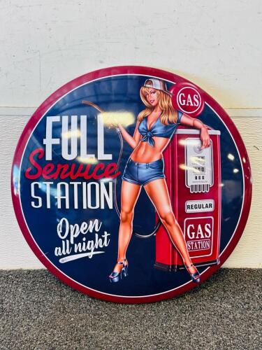 Retro Full Service Gas Station Pin-Up Girl Metal Sign, Red/Blue, Wall Art Decor