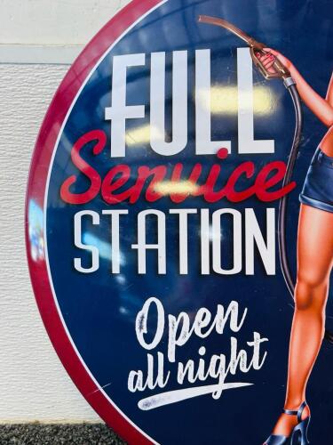 Retro Full Service Gas Station Pin-Up Girl Metal Sign, Red/Blue, Wall Art Decor - 2