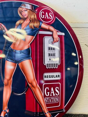 Retro Full Service Gas Station Pin-Up Girl Metal Sign, Red/Blue, Wall Art Decor - 3