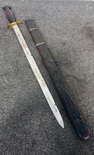 Chinese Jian Sword with Snake Motif Handle and Carved Wooden Scabbard