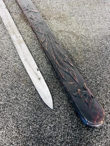 Chinese Jian Sword with Snake Motif Handle and Carved Wooden Scabbard - 2