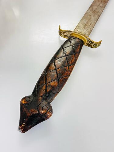 Chinese Jian Sword with Snake Motif Handle and Carved Wooden Scabbard - 5