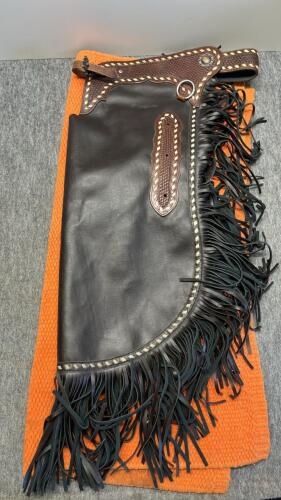 Black Western Leather Chaps and Orange Mayatex Show Blanket