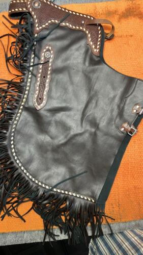 Black Western Leather Chaps and Orange Mayatex Show Blanket - 3