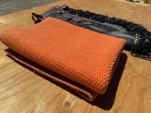 Black Western Leather Chaps and Orange Mayatex Show Blanket - 4