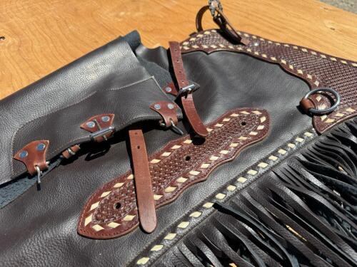 Black Western Leather Chaps and Orange Mayatex Show Blanket - 6