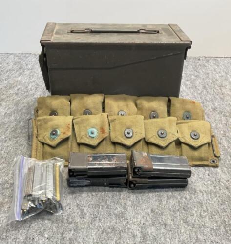 WWII US M1 Carbine .30 Caliber Ammo Set: 5 Steel Magazines, 10-Pocket Canvas Belt, GI Ammo Box