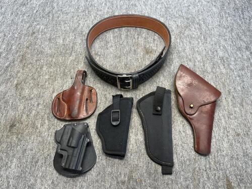 5 Assorted Holsters and Basketweave Duty Belt &ndash; Fobus SW357, Uncle Mike&rsquo;s, Leather & Nylon, Revolver Fit