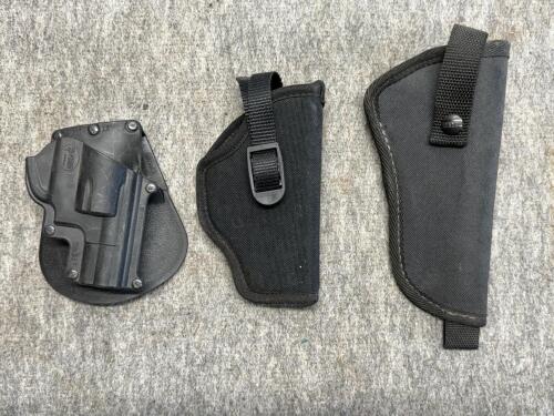 5 Assorted Holsters and Basketweave Duty Belt &ndash; Fobus SW357, Uncle Mike&rsquo;s, Leather & Nylon, Revolver Fit - 5