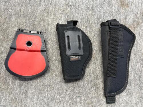 5 Assorted Holsters and Basketweave Duty Belt &ndash; Fobus SW357, Uncle Mike&rsquo;s, Leather & Nylon, Revolver Fit - 7