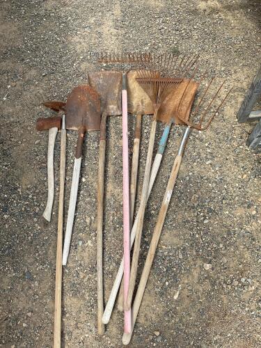 Various Gardening Tools - shovels, maul, rakes, pick axe
