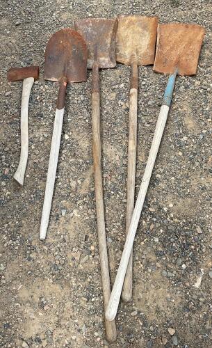 Various Gardening Tools - shovels, maul, rakes, pick axe - 2