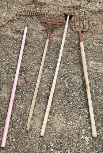 Various Gardening Tools - shovels, maul, rakes, pick axe - 3
