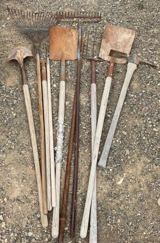 (10) Vintage Well Loved Hand Garden Tools - Pick Axe, Shovels, Rakes