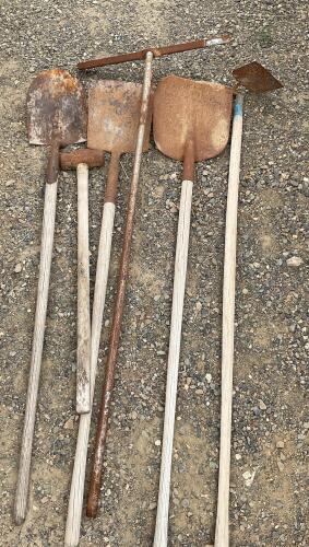 Assorted Hand Tools: 3 Shovels, Sledge Hammer, Hoe, Squeegee,