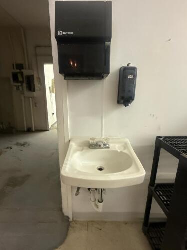 Wall-Mounted Bathroom Sink with Bay West Towel & Tork Soap Dispensers, Dual-Handle Faucet, White