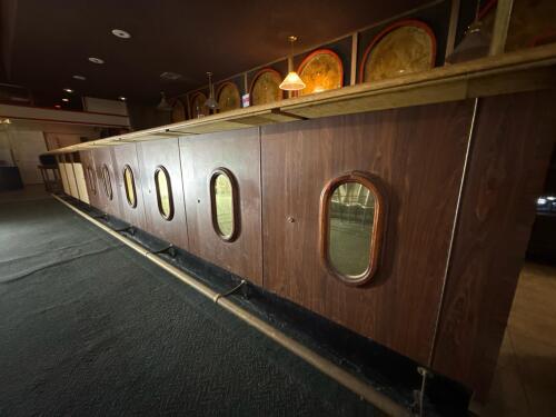 Commercial Bar Counter &ndash; Marble Look Top, Oak Trim, Porthole Cabinets, Brass Rail