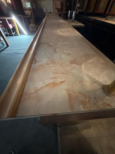 Commercial Bar Counter &ndash; Marble Look Top, Oak Trim, Porthole Cabinets, Brass Rail - 2