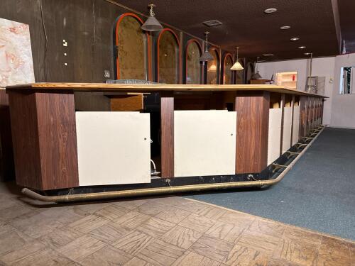 Commercial Bar Counter &ndash; Marble Look Top, Oak Trim, Porthole Cabinets, Brass Rail - 3