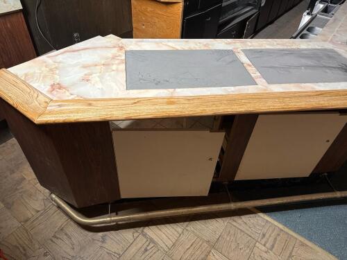 Commercial Bar Counter &ndash; Marble Look Top, Oak Trim, Porthole Cabinets, Brass Rail - 4