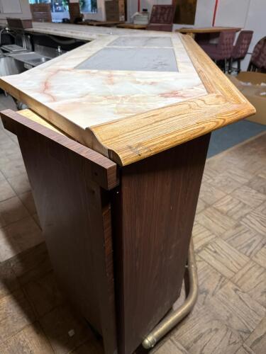 Commercial Bar Counter &ndash; Marble Look Top, Oak Trim, Porthole Cabinets, Brass Rail - 5