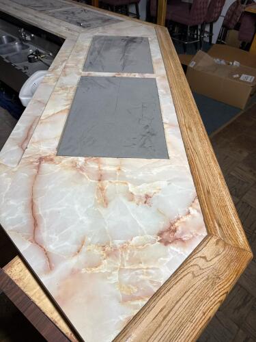 Commercial Bar Counter &ndash; Marble Look Top, Oak Trim, Porthole Cabinets, Brass Rail - 6
