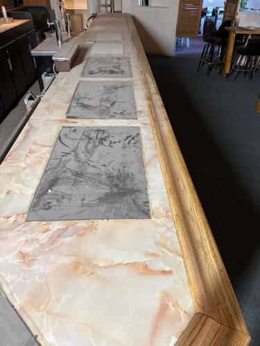Commercial Bar Counter &ndash; Marble Look Top, Oak Trim, Porthole Cabinets, Brass Rail - 7