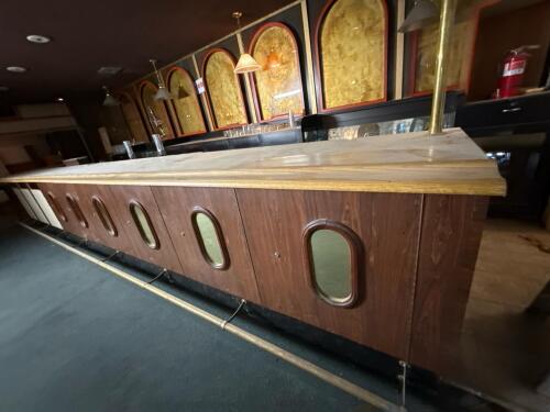 Commercial Bar Counter &ndash; Marble Look Top, Oak Trim, Porthole Cabinets, Brass Rail - 8