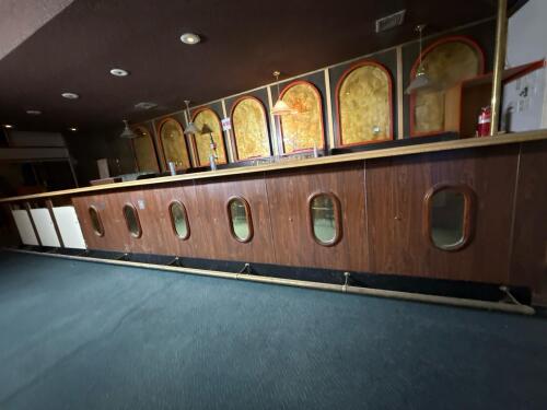 Commercial Bar Counter &ndash; Marble Look Top, Oak Trim, Porthole Cabinets, Brass Rail - 9