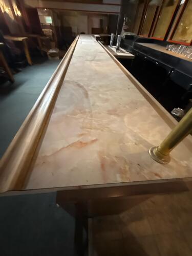 Commercial Bar Counter &ndash; Marble Look Top, Oak Trim, Porthole Cabinets, Brass Rail - 10