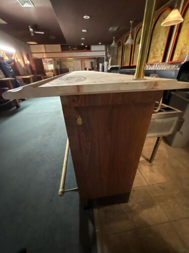 Commercial Bar Counter &ndash; Marble Look Top, Oak Trim, Porthole Cabinets, Brass Rail - 11