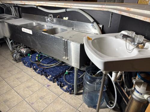 Commercial 3-Compartment Stainless Bar Sink w/ Dual Drainboards & Wall-Mounted Hand Sink, Faucet