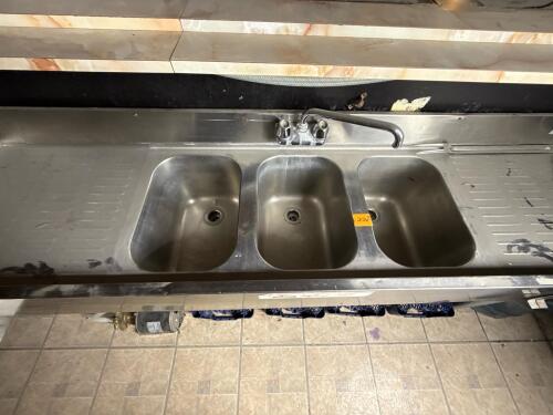 Commercial 3-Compartment Stainless Bar Sink w/ Dual Drainboards & Wall-Mounted Hand Sink, Faucet - 4