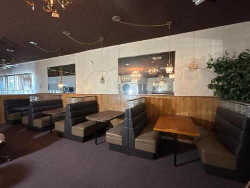 Brown & Tan Commercial Restaurant Booths w/ Glass Block Divider and Laminate Tables